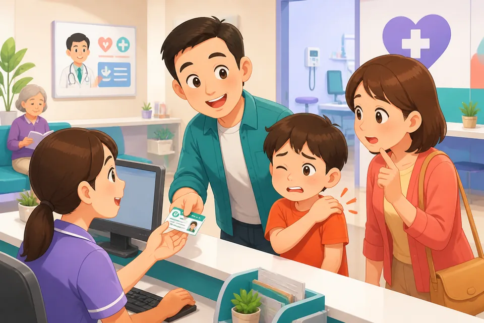 A friendly clinic reception scene showing a patient explaining symptoms in Simplified Chinese during a doctor visit.