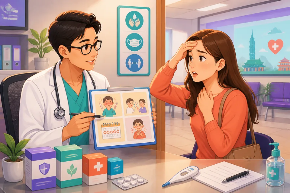 Doctor and patient talking in a consultation room; the patient asks about contagion and medicine in Simplified Chinese.