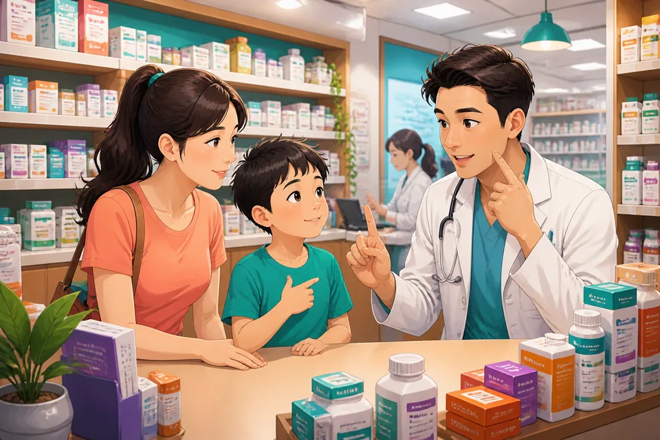 Close-up of a patient holding a forehead, describing fever and duration in Simplified Chinese at a clinic.