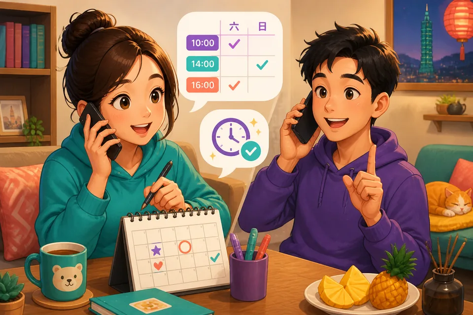 Two people at a clinic desk: one asks '有哪些时间可以约？' and the other confirms a new time, illustrating appointment vocabulary in Simplified Chinese.