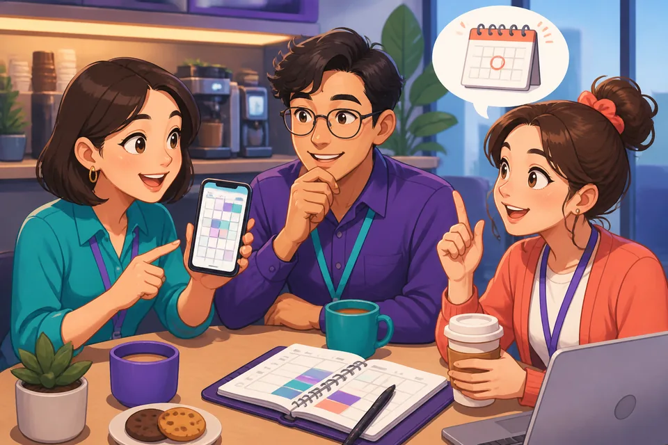 A caller and receptionist negotiating an appointment time in Simplified Chinese; phone, calendar, and polite expressions are visible.