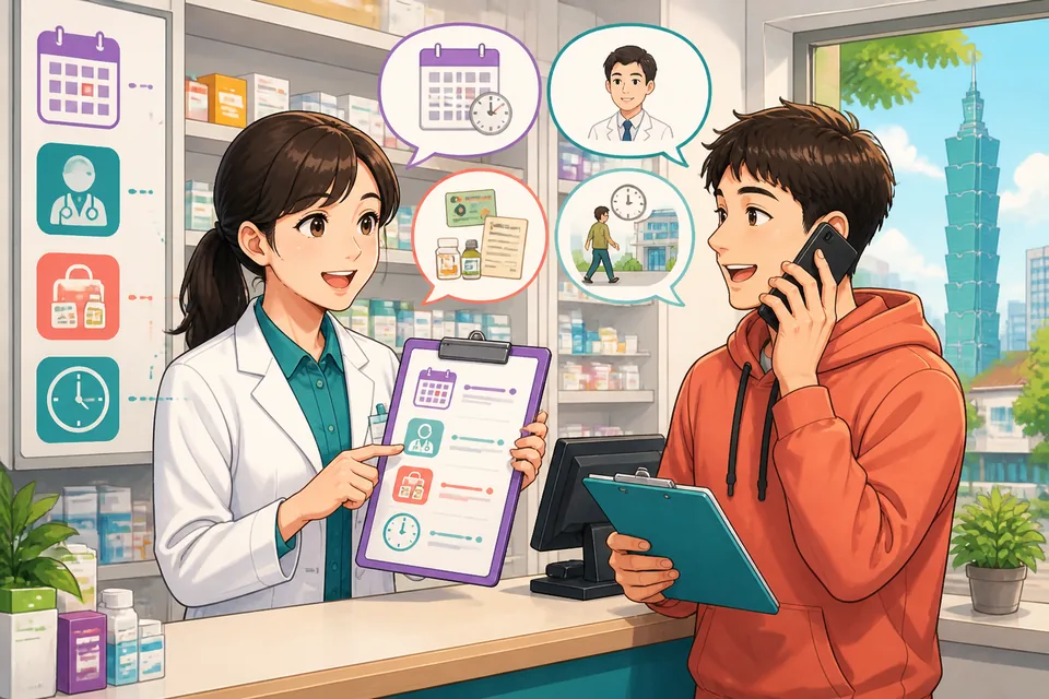 A short phone call scene: a caller confirms who the appointment is with and asks about documents and reminders in Simplified Chinese.
