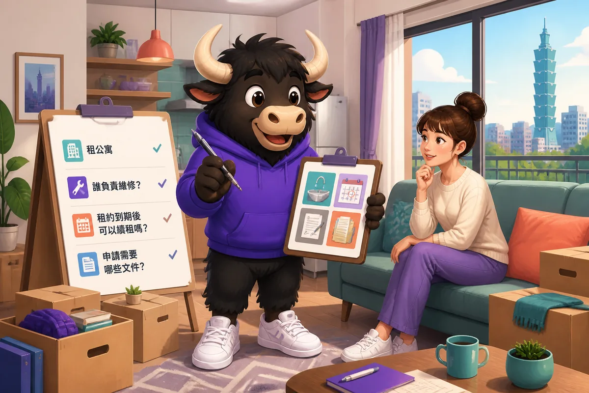 A tenant and landlord discussing a lease at a small kitchen table; Simplified Chinese rental questions are the lesson focus.