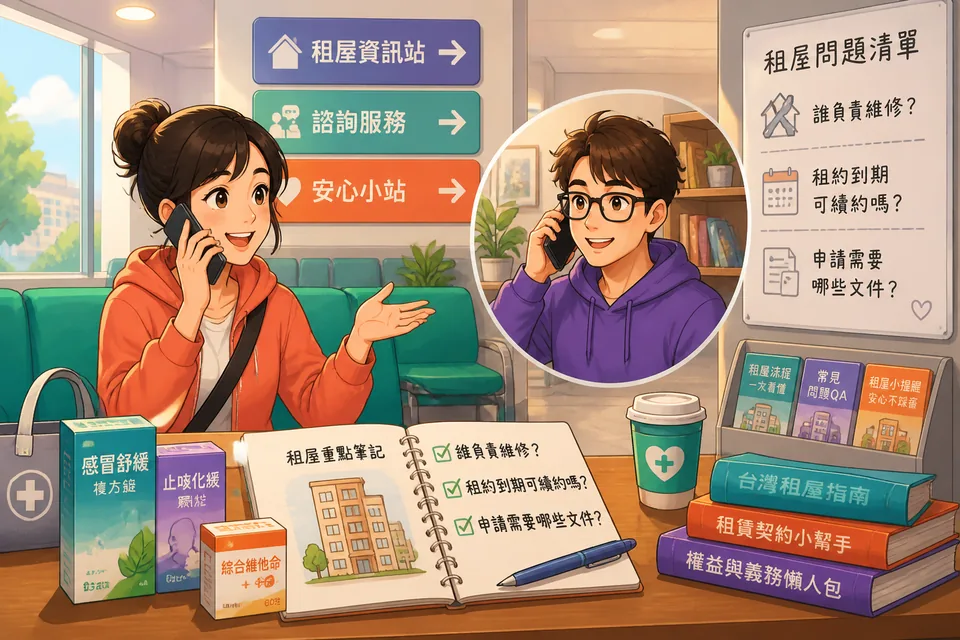 Two friends look at a rental listing on a phone and rehearse questions in Simplified Chinese about repairs, fees, and the lease.
