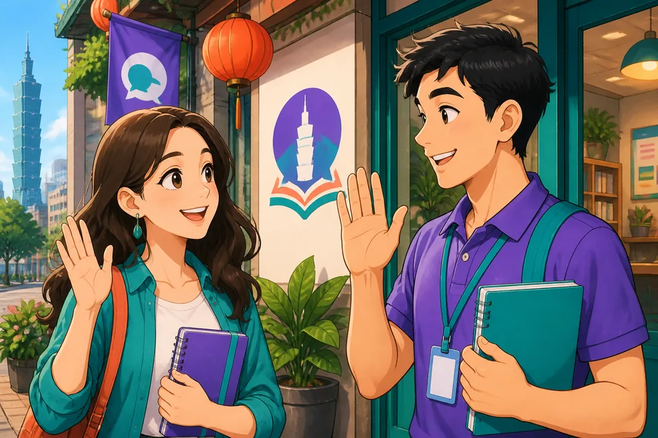 Anna and David chatting by a welcome desk; speech bubbles show Simplified Chinese lines for introductions and asking who’s new.