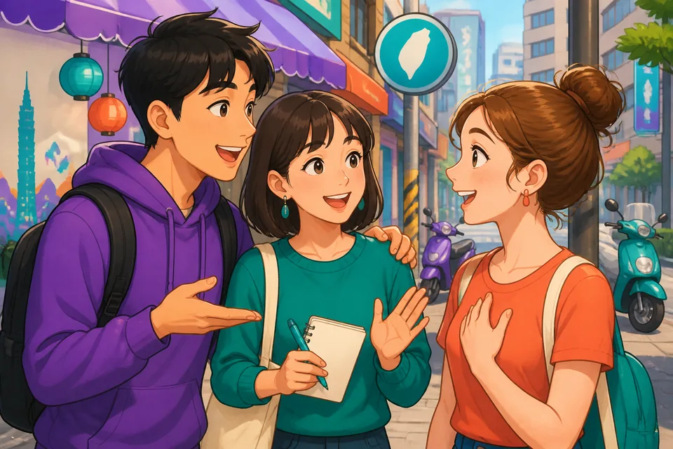A friendly small-group meet-and-greet at a classroom, with Simplified Chinese introduction phrases visible on a card.