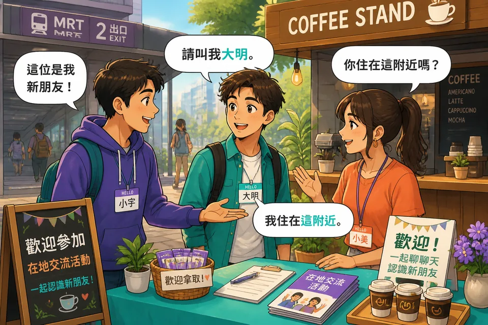Anna and David chatting near the coffee area at an event, using Simplified Chinese phrases to exchange names and reasons for attending.