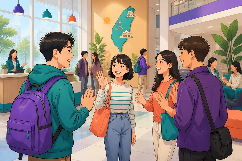 A busy meetup in Simplified Chinese; people chat near a registration table — perfect for practicing introductions and small talk.
