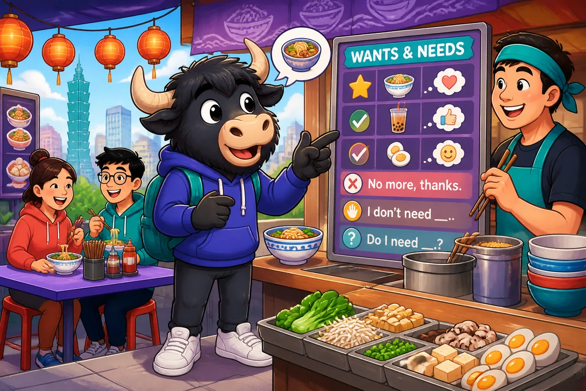 A friendly street market in China with shoppers pointing at items; Simplified Chinese phrases for wants and needs are visible on small signs.