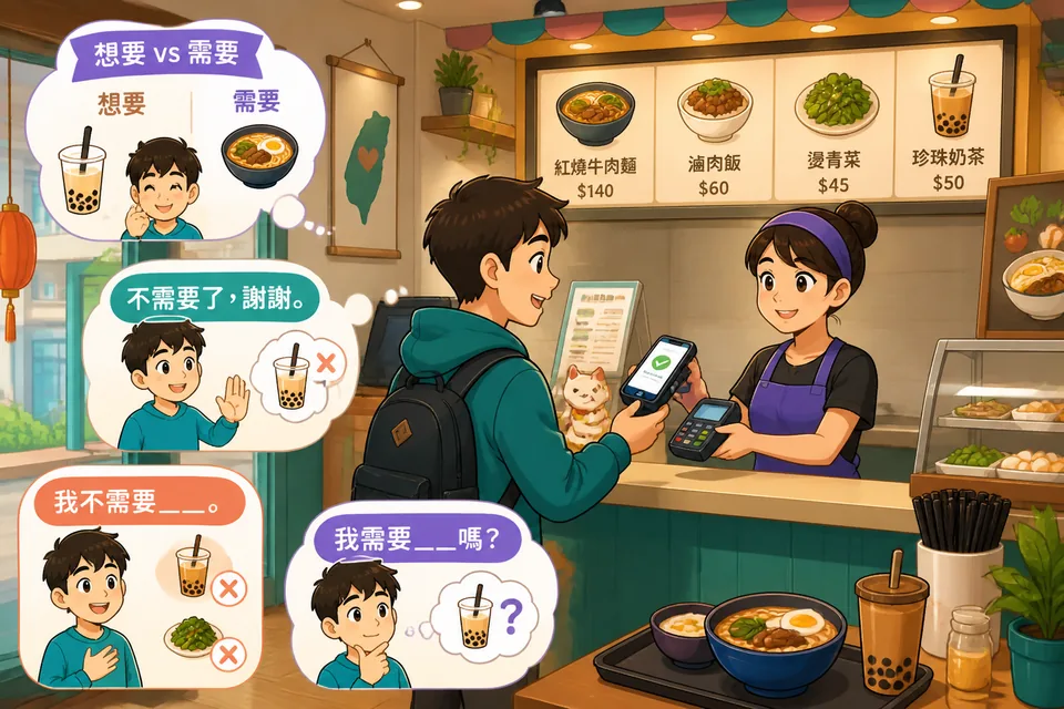 Two people at a food stall using short Chinese phrases to ask if something is necessary and to accept or refuse politely.