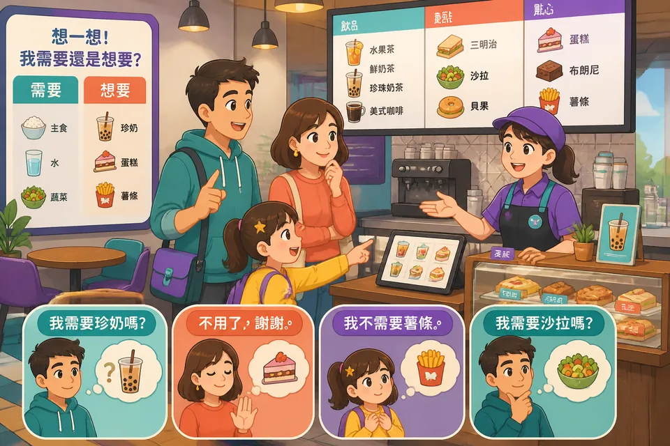 A café scene where a customer decides what to order and politely refuses extra items in Simplified Chinese.