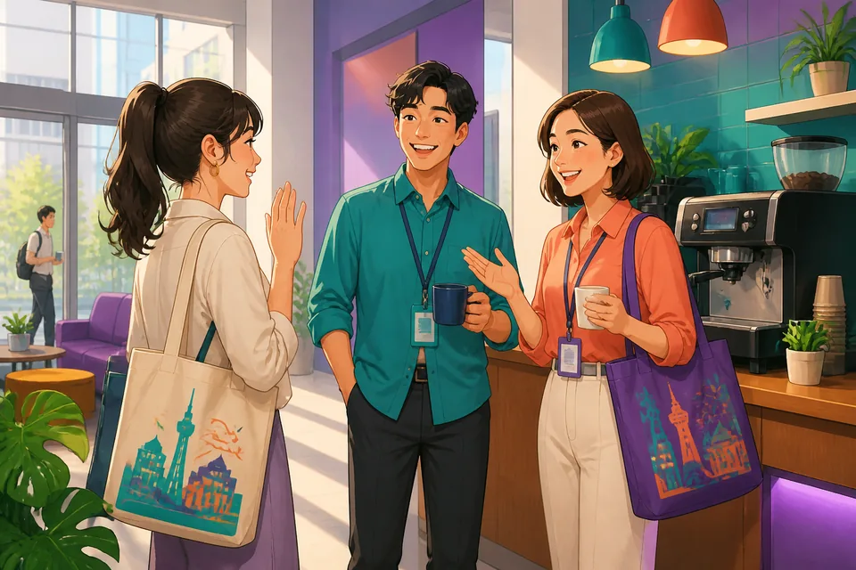 Anna and David near their desks, mid-conversation about a busy day and grabbing coffee; Simplified Chinese phrases visible as speech bubbles.
