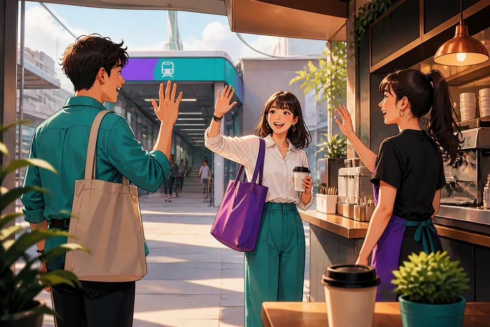 An office corridor scene where colleagues greet each other and ask about the weekend in Simplified Chinese; natural workplace lighting and casual clothes.
