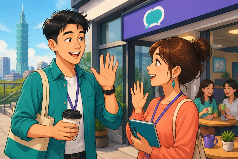 Anna and David talking near desks: Anna asks if David heard the news and David says he finally figured something out — Simplified Chinese workplace chat.
