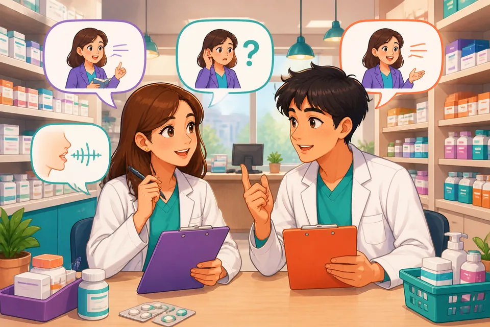 Two students whispering to each other and raising hands to ask the teacher to repeat and slow down, illustrating classroom interactions in Simplified Chinese.