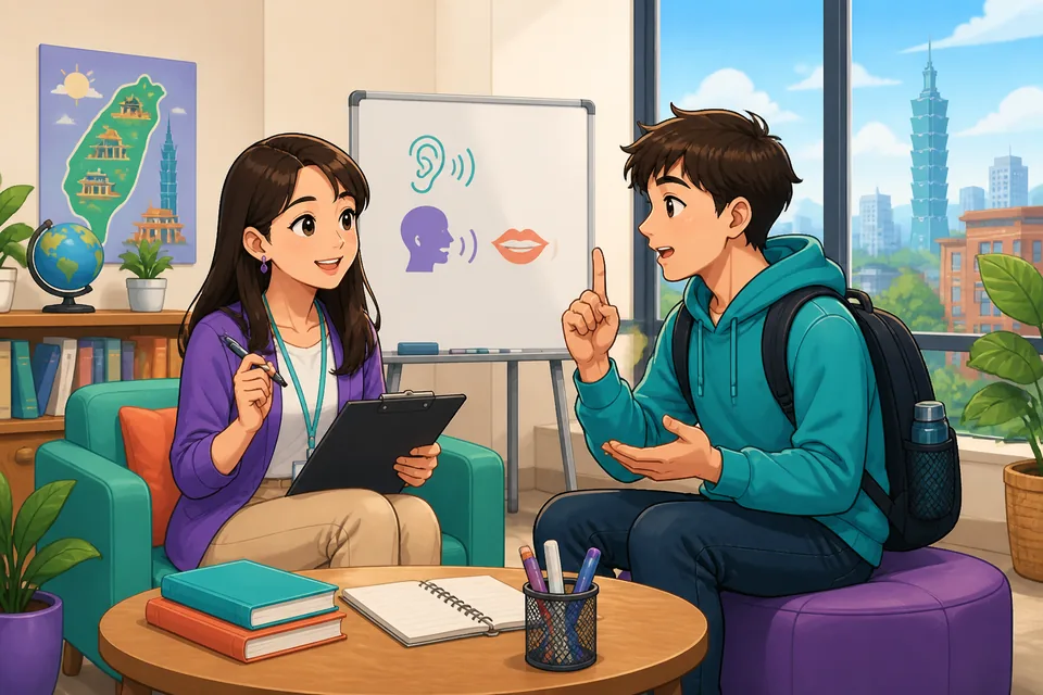 Students in a modern classroom preparing to ask the teacher questions in Simplified Chinese about homework and pronunciation.