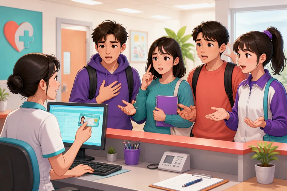 A student at the classroom door asking permission to enter in Simplified Chinese while another student checks notes.