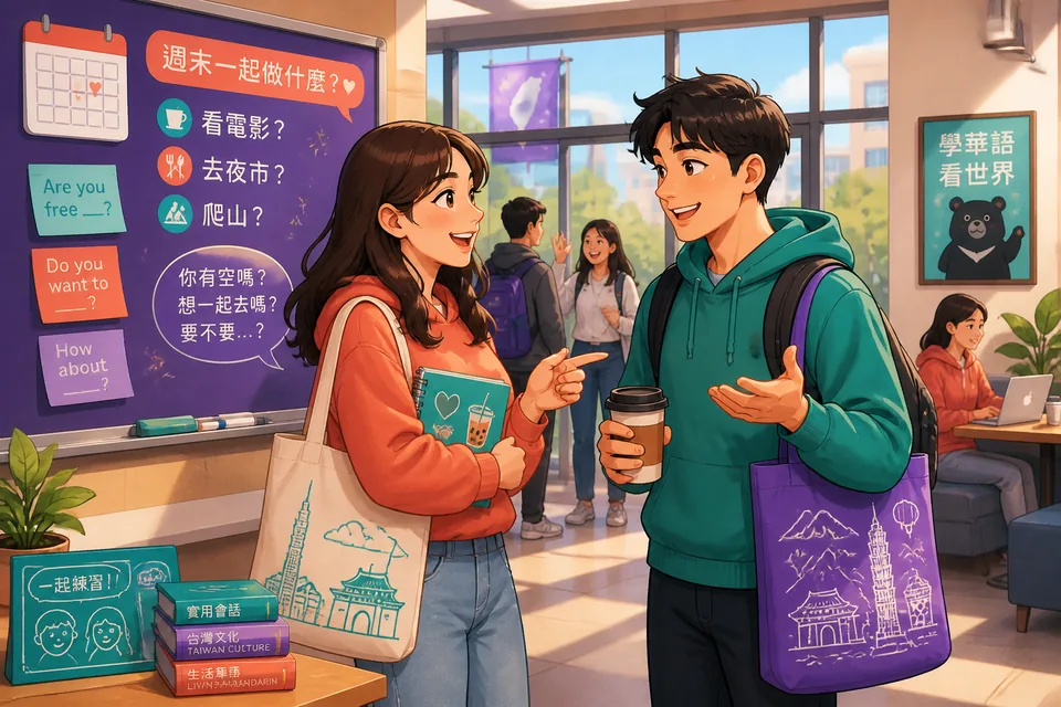 Anna and David at a bus stop talking about when and where to meet, using common planning phrases in Simplified Chinese.