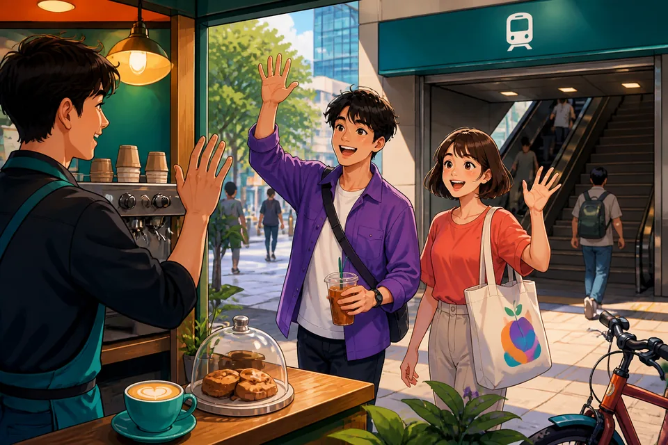 A casual coffee shop scene where friends discuss dates and times in Simplified Chinese to arrange plans.