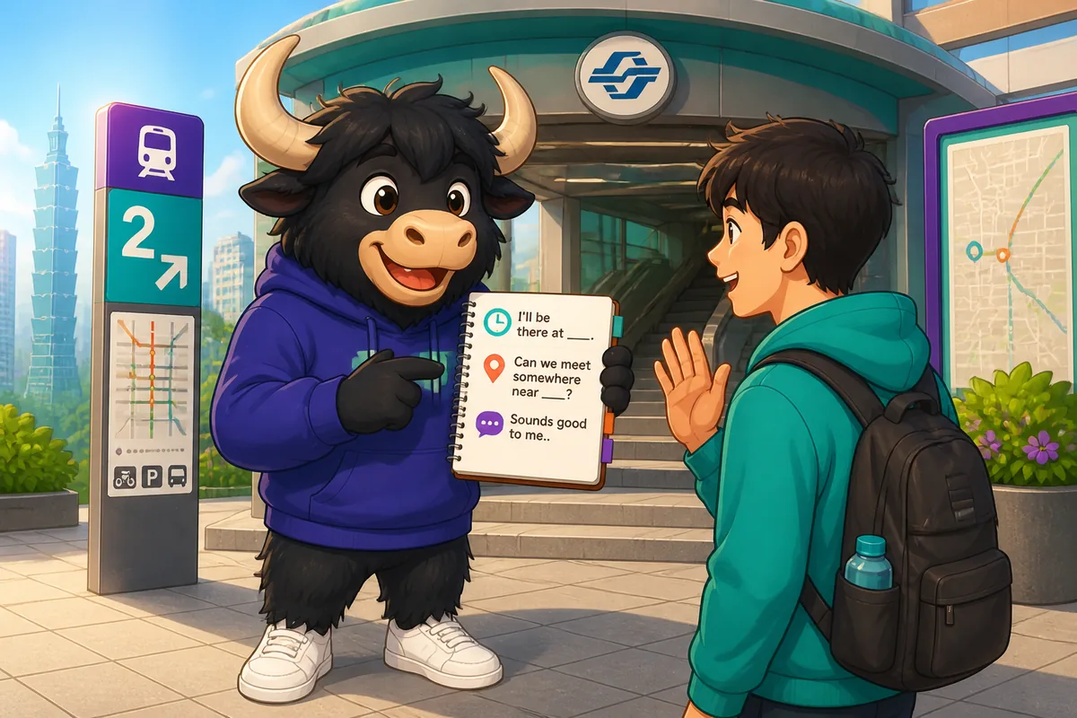 Two friends planning a meet-up in Simplified Chinese; urban scene with a coffee shop and a cinema, illustrating the lesson 'Making Plans'.