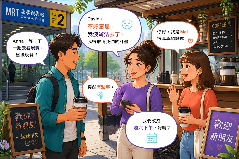 Anna and David chatting by message and phone in Simplified Chinese about cancelling and rescheduling a meet-up.