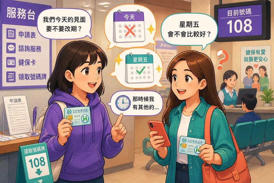Two colleagues talking in Simplified Chinese while checking calendars and suggesting new times.