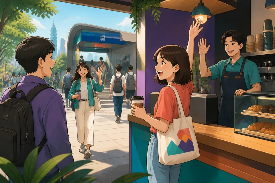 A bright city park scene with people relaxing, representing talking about weekend activities in Chinese.