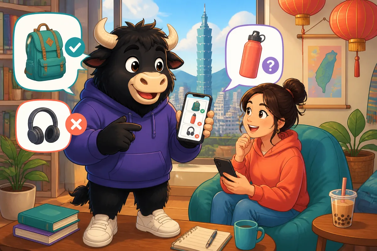 A friendly scene showing two people checking a bag and pointing to objects while practicing Simplified Chinese possession phrases.