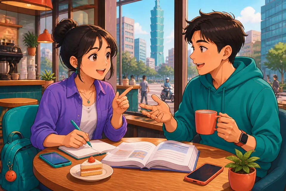 Anna and David at a café, pointing at a cup and a book while asking and answering "Do you have..." in Simplified Chinese.