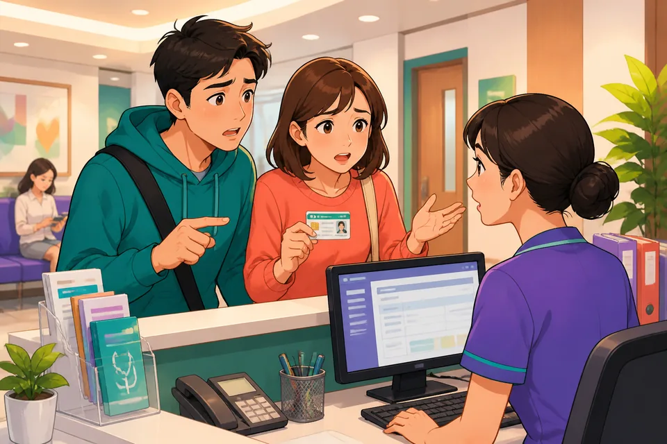 A friendly scene showing a coworker telling IT that their computer isn't working (Simplified Chinese phrases for explaining a problem).