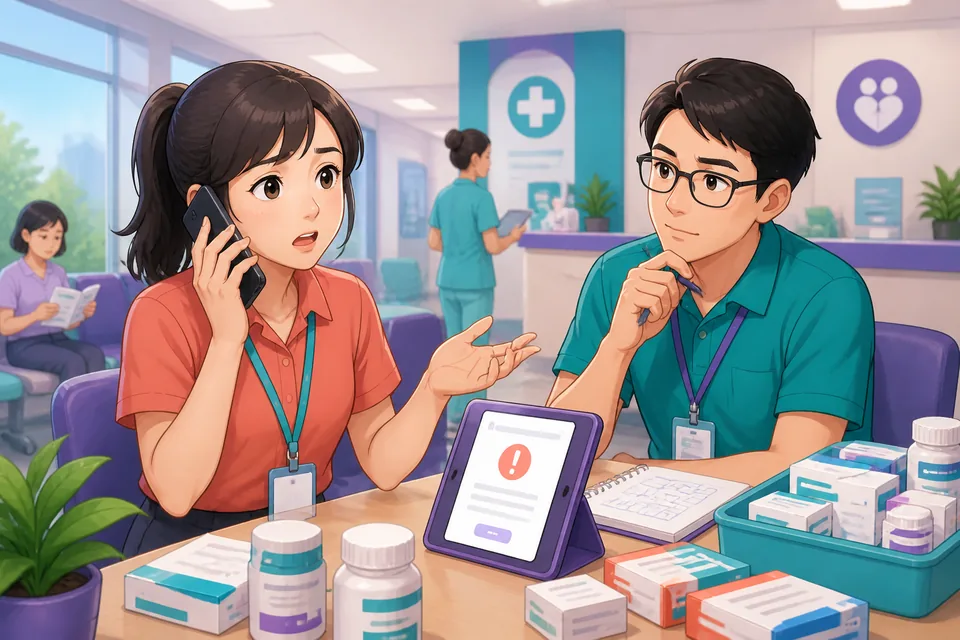 A short help-desk scene: the speaker shows an error message while explaining the problem in Simplified Chinese.