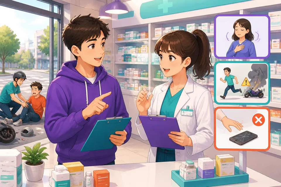 Close-up of a person pointing to a bleeding wound while another person calls for help; the image matches the lesson's emergency conversation.
