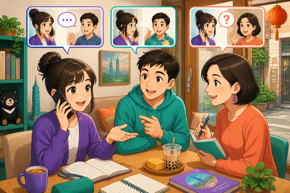 A friendly receptionist on a phone in Simplified Chinese context, showing polite phone phrases and message-taking.