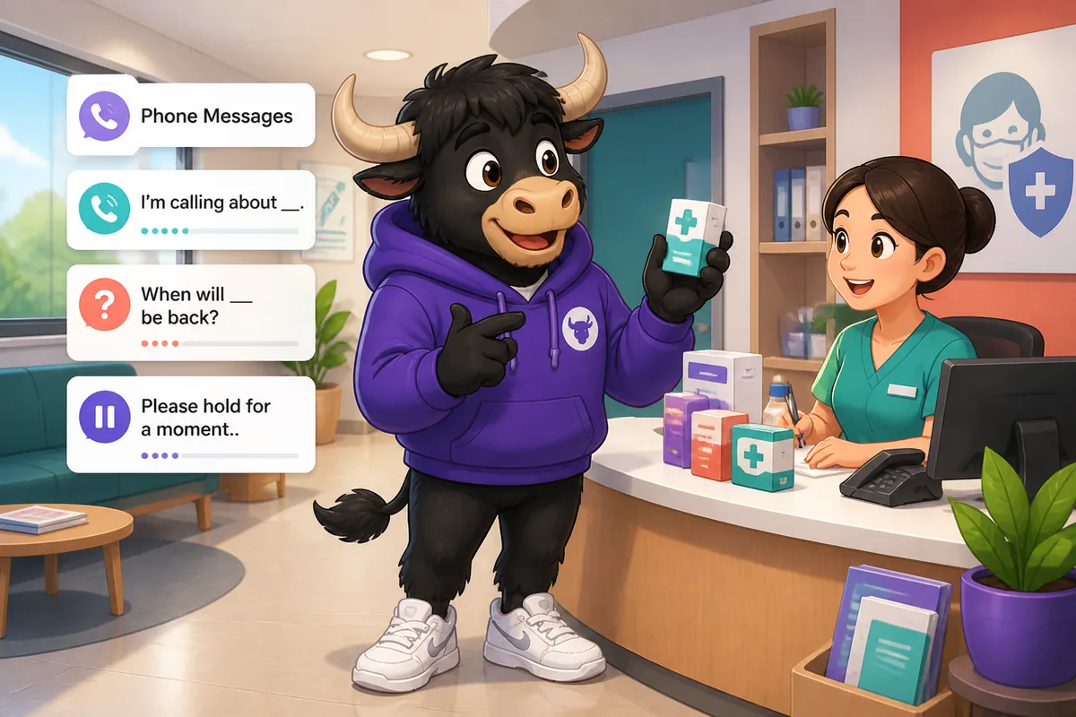A person holding a phone and smiling, thinking about leaving a voicemail; Simplified Chinese phone messages lesson scene.