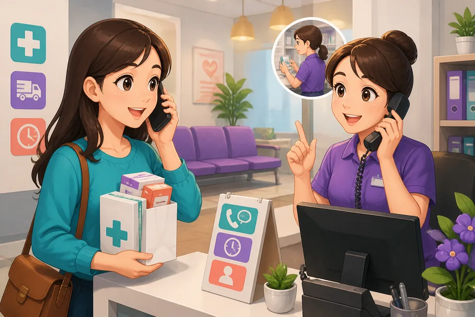 Two colleagues talking over the phone about a package and leaving a message; scene for the phone-message mini-dialogue in Simplified Chinese.