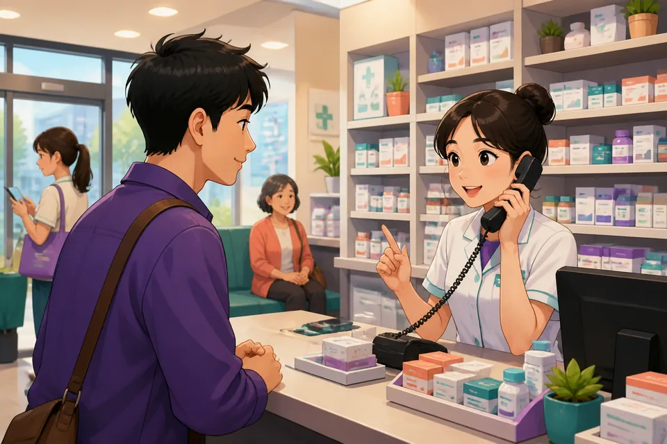 Reception desk and a caller on a mobile phone, showing the topic of phone messages in Simplified Chinese.