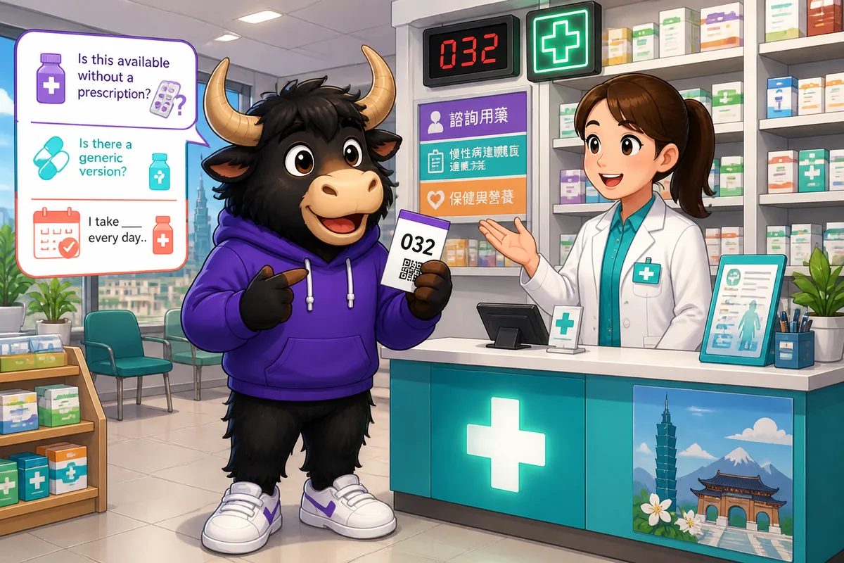 A friendly pharmacy counter in China with medicine shelves; the scene represents Simplified Chinese pharmacy phrases like asking about prescriptions.