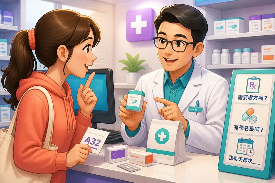 Close-up of a customer holding a medicine box and asking the pharmacist questions in Simplified Chinese about refills and side effects.