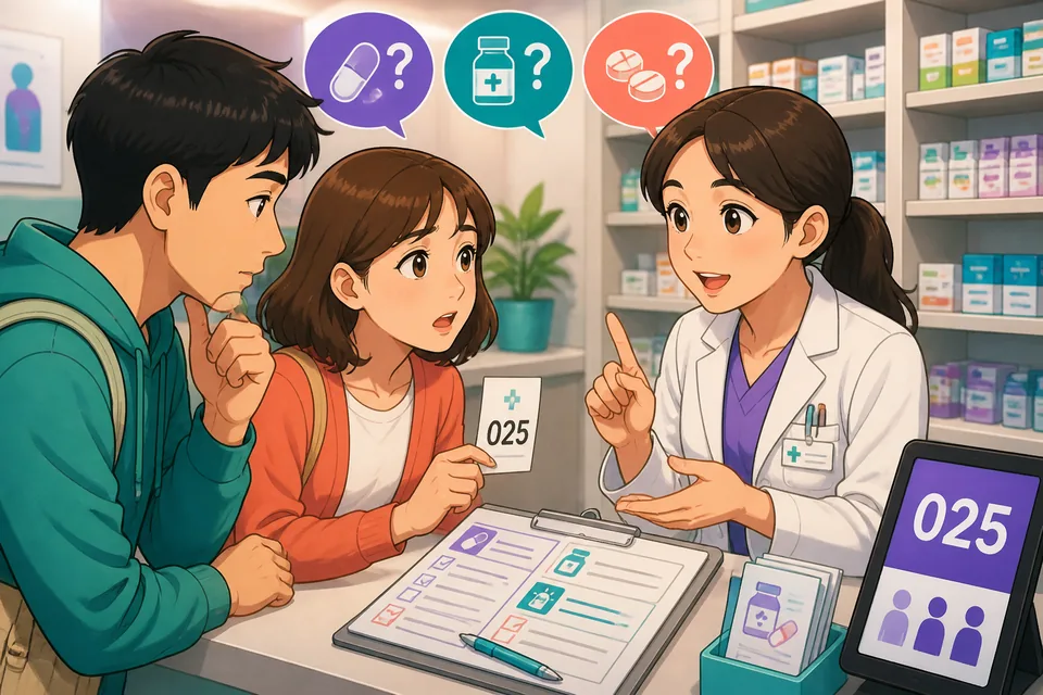 Customer and pharmacist at a bright pharmacy counter speaking Simplified Chinese about prescriptions, safety, and dosages.