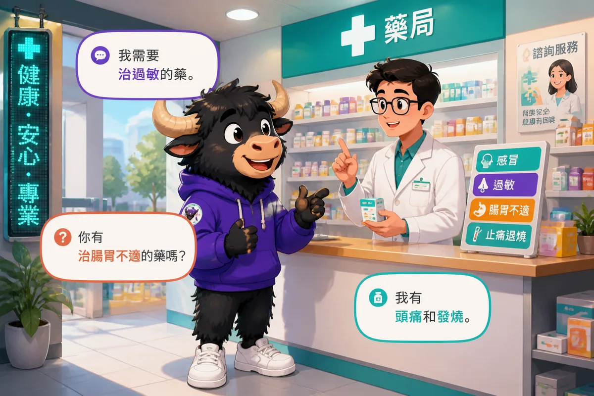 A friendly mainland Chinese pharmacy counter with a pharmacist talking to a customer; Simplified Chinese pharmacy phrases are visible.