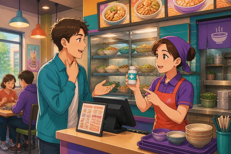Pharmacist handing a small medicine box to a customer while asking dosage questions in Simplified Chinese.