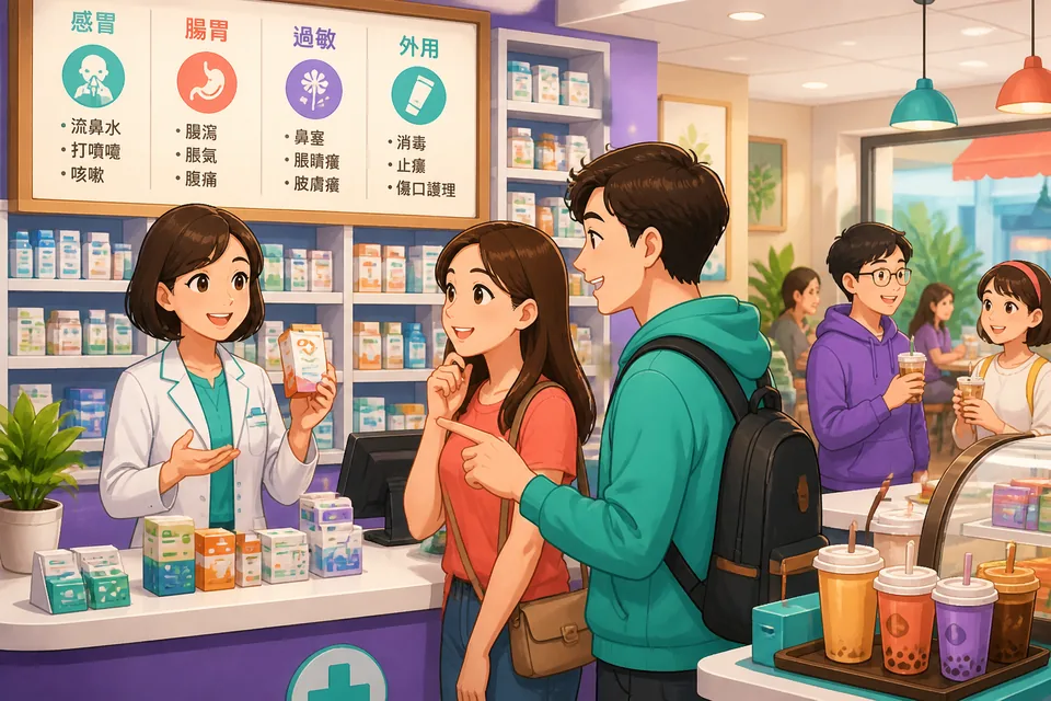 Close-up of a customer explaining a symptom in Simplified Chinese at a pharmacy counter, showing medicine boxes and labels.