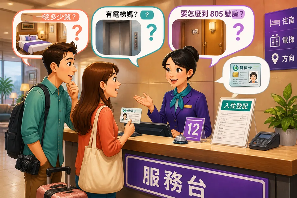 Front desk conversation in Simplified Chinese: guest asks about elevator, room readiness, and requests a wake-up call.