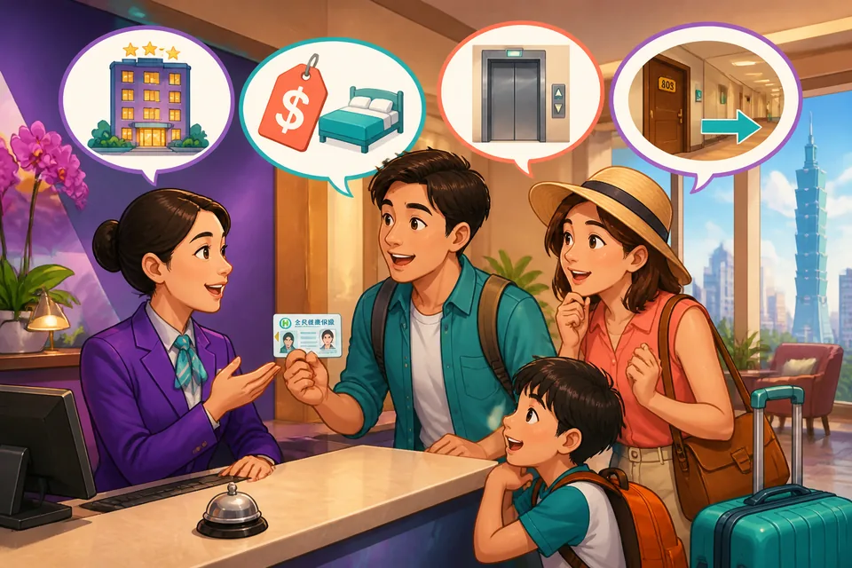 A traveler at a hotel's reception asking about room price and whether the room is ready, with Chinese phrases visible.
