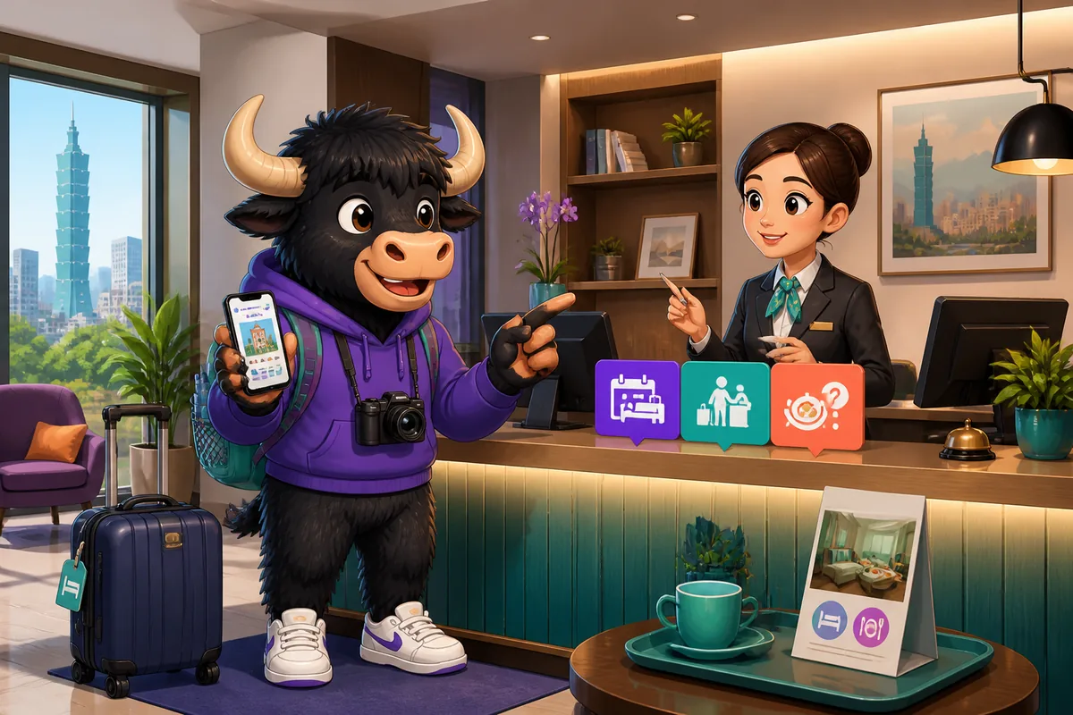 Hotel front desk scene with a guest speaking Simplified Chinese about check-in and services; luggage and reception desk visible.