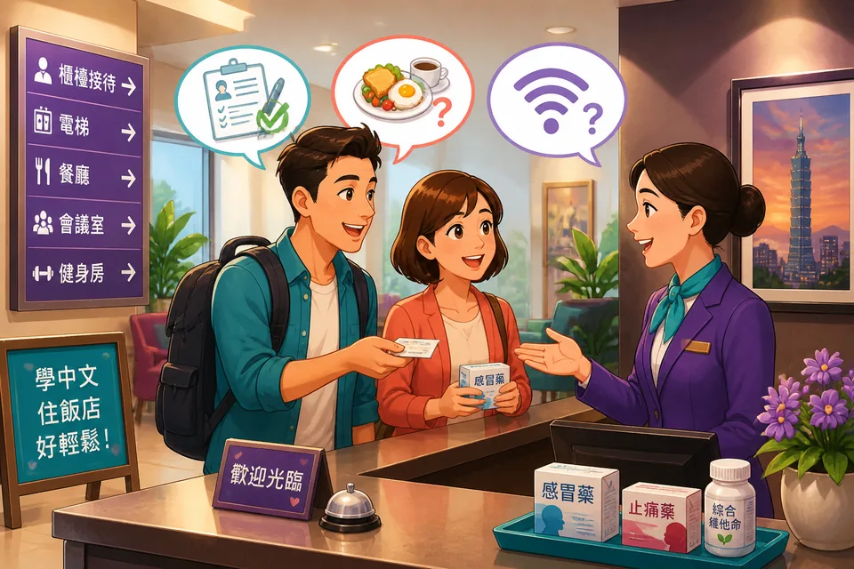 Front-desk staff and guest in a friendly exchange in Simplified Chinese about a reservation and a room problem.