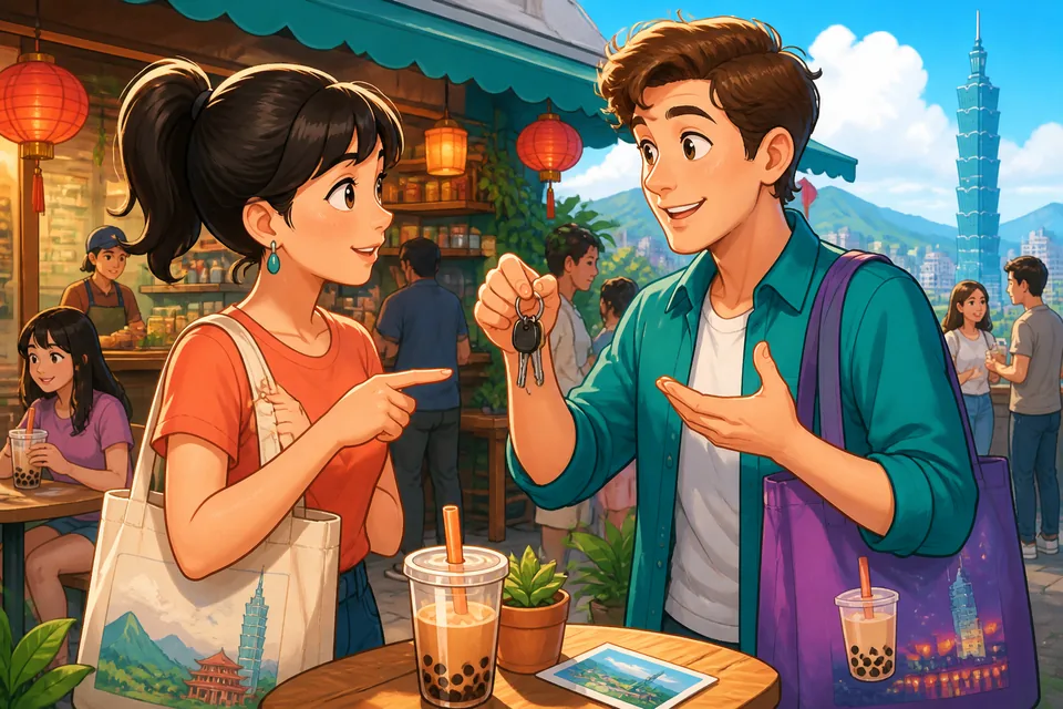Anna and David check keys and bags on a table, using Simplified Chinese sentences to ask who has what.