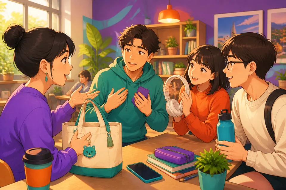 Two friends look at items on a table while practicing Simplified Chinese possession phrases like 这是你的吗？ and 这些是我的。