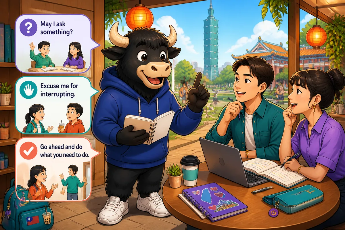 A friendly shop scene showing a customer politely asking for help in Simplified Chinese, highlighting polite interruption phrases.