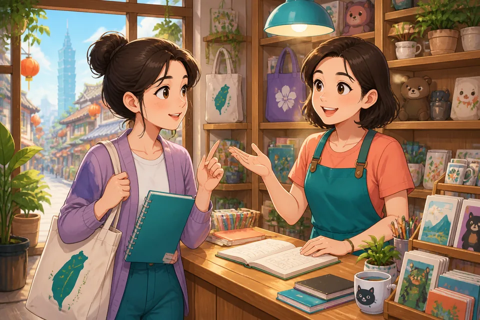 Two people in a store: one asks 请问一下 (Qǐngwèn yíxià) and the other replies 慢慢来 (Mànman lái) — a warm, realistic social exchange in Simplified Chinese.